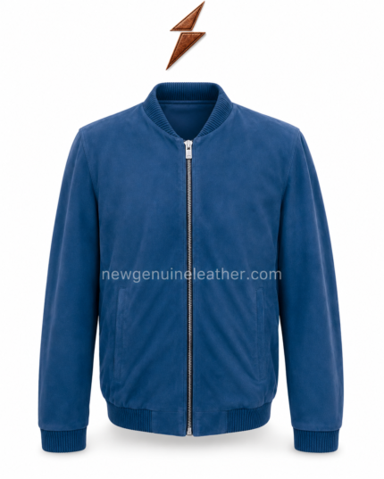 Blue suede jacket shown open with smooth blue lining, silver zipper hardware, ribbed collar, and rib-knit waistband.