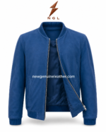 Blue suede jacket back pose with plain back panel, ribbed collar, rib-knit cuffs, matching waistband