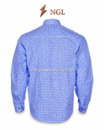 Oktoberfest shirt with blue and white check pattern, full button front, long sleeves and chest pocket