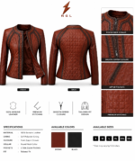 Brown braided leather jacket with quilted panels, round neck collar, front zipper, and NGL logo