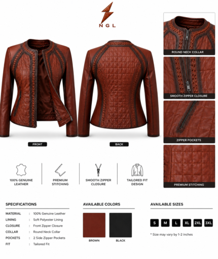 Brown braided leather jacket with quilted panels, round neck collar, front zipper, and NGL logo