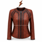 Women’s braided leather jacket in brown color with decorative trim, smooth zipper closure, and visible inner lining.