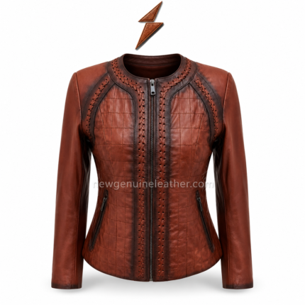Women’s braided leather jacket in brown color with decorative trim, smooth zipper closure, and visible inner lining.