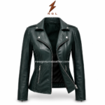 Custom biker leather jacket inner pose showing black lining, open asymmetrical zipper, silver hardware and deep green leather texture