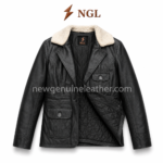 NGL black sherpa collar leather jacket with visible inner label and diamond quilted lining