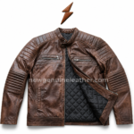 Brown quilted leather biker jacket with stand collar, chest zip pockets, arm quilting, black inner lining, and centered NGL