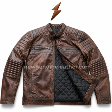 Brown quilted leather biker jacket with stand collar, chest zip pockets, arm quilting, black inner lining, and centered NGL