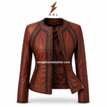 Back view of brown braided leather jacket with quilted square stitching, curved panels