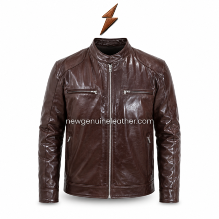 Brown cafe racer leather jacket with stand collar and front zipper on white background