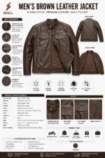 Brown cafe racer leather jacket OEM front view with quilted shoulders, snap collar, chest pockets and NGL