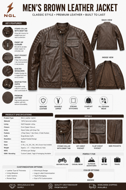 Brown cafe racer leather jacket OEM front view with quilted shoulders, snap collar, chest pockets and NGL