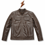 Brown cafe racer leather jacket OEM inner view showing open zipper, brown lining, quilted shoulders and pocket