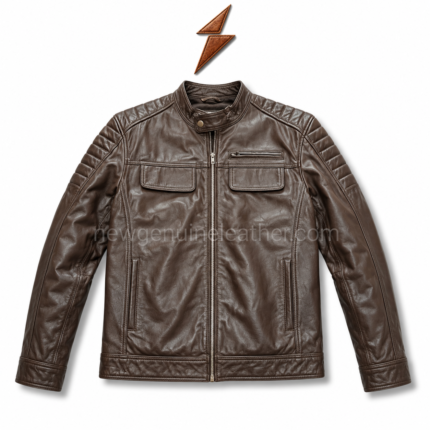 Brown cafe racer leather jacket OEM inner view showing open zipper, brown lining, quilted shoulders and pocket