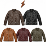 Brown cafe racer leather jacket OEM back view with vertical stitched panels, curved shoulder seams and quilted sleeve tops.