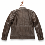 Brown cafe racer leather jacket OEM detail shot with snap-tab collar, zipper chest pocket, flap pockets and leather grain.