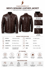 Brown cafe racer leather jacket product specs with stand collar side pockets and metal zippers