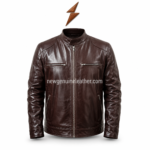 Brown cafe racer leather jacket size guide with chest length and sleeve measurements
