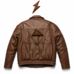 Custom brown leather bomber jacket with ribbed padded shoulders and brass zipper hardware