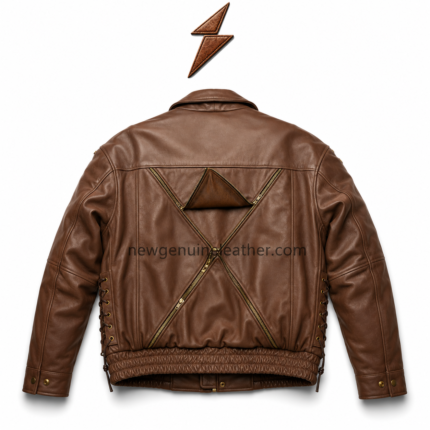 Custom brown leather bomber jacket with ribbed padded shoulders and brass zipper hardware