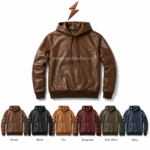 Brown leather hoodie jacket with glossy leather finish, attached hood, drawstrings, kangaroo pocket, ribbed cuffs, and NGL logo at top