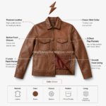 Brown leather trucker jacket with shirt collar, button front closure, two chest flap pockets, two lower patch pockets, and NGL