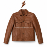 Brown leather trucker jacket inner pose with reddish-brown lining, open button front, smooth leather shell, chest flap pockets