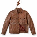 Back view of brown leather trucker jacket with smooth rear panel, shirt collar, long sleeves, stitched seams, and white