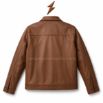 Product specs image of brown leather trucker jacket showing shirt collar, button front, 2 chest flap pockets, 2 lower patch pockets, and smooth inner lining.
