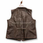 Brown leather vest jacket OEM front view with lapel collar, snap buttons, angled welt pockets and NGL logo