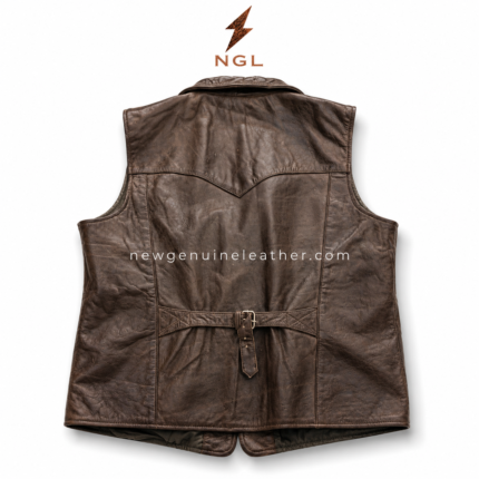 Brown leather vest jacket OEM front view with lapel collar, snap buttons, angled welt pockets and NGL logo