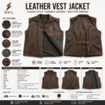 Brown leather vest jacket OEM inner view showing olive-grey lining, NGL collar label, open front and metal snap buttons.