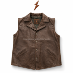 Brown leather vest jacket OEM back view with western yoke panel, adjustable belt, metal buckle and stitched seams.