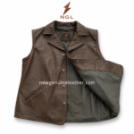 Brown leather vest jacket OEM detail shot with textured leather grain, snap buttons, welt pocket and stitched lapel collar.