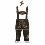 Dark brown Oktoberfest lederhosen set with matching suspenders, white Bavarian embroidery, gold piping, metal buckles, and NGL