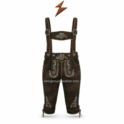 Dark brown Oktoberfest lederhosen set with matching suspenders, white Bavarian embroidery, gold piping, metal buckles, and NGL