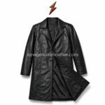 Black men’s leather long coat with notched lapel collar, button closure, side pockets, vertical panel stitching, and logo at top center