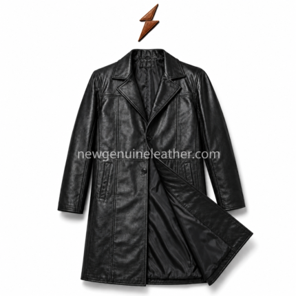 Black men’s leather long coat with notched lapel collar, button closure, side pockets, vertical panel stitching, and logo at top center