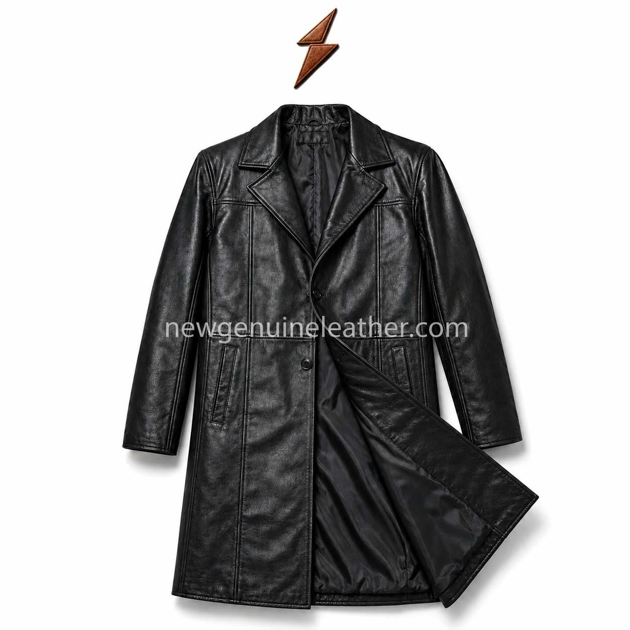 Brown Men’s Leather Long Coat Black men’s leather long coat with notched lapel collar, button closure, side pockets, vertical panel stitching, and logo at top center