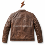 Dark brown quilted leather biker jacket showing textured leather surface, stitched arm panels, front zipper closure, and product feature callouts.