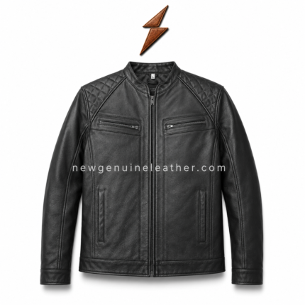 Black quilted shoulder leather jacket with band collar, front zipper, horizontal chest pockets, and textured leather finish