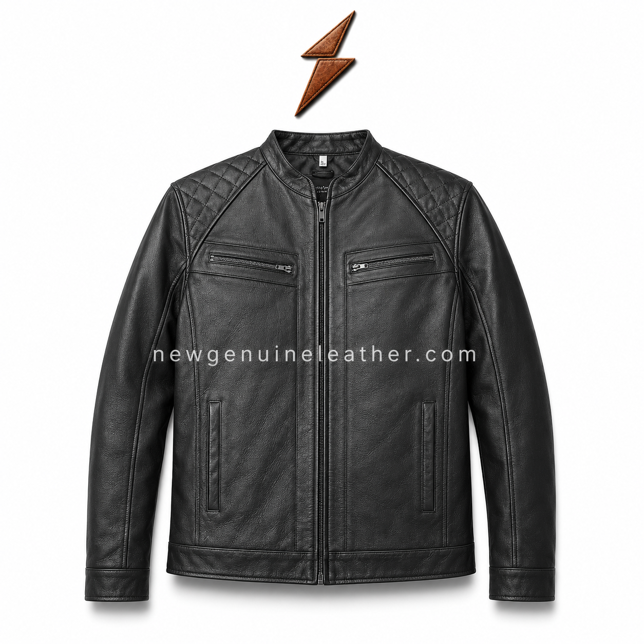 Brown Quilted Shoulder Leather Jacket Black quilted shoulder leather jacket with band collar, front zipper, horizontal chest pockets, and textured leather finish