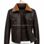 Brown shearling jacket with dark brown leather body, tan faux fur collar, chest flap pockets, zipper pockets, and NGL