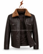 Brown shearling jacket with dark brown leather body, tan faux fur collar, chest flap pockets, zipper pockets, and NGL