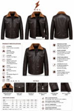 Brown shearling jacket back pose with tan faux fur collar, center back seam, shoulder yoke, and dark leather texture