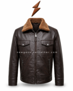 Brown shearling jacket detail with snap-button chest flap pockets, side zipper pockets, dark leather, and tan collar.