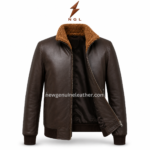 Brown sherpa jacket with dark leather body, tan warm collar, front zipper, rib-knit cuffs, and NGL