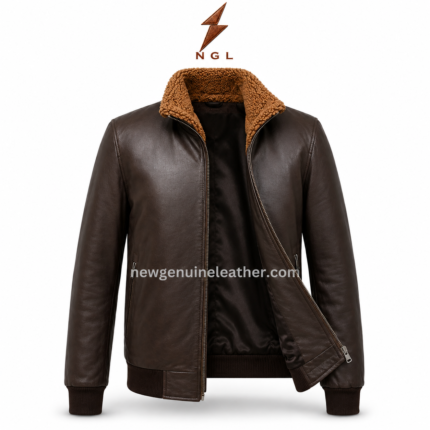 Brown sherpa jacket with dark leather body, tan warm collar, front zipper, rib-knit cuffs, and NGL