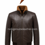 Brown sherpa jacket shown open with black inner lining, metal zipper hardware, tan collar, and rib