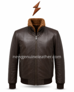 Brown sherpa jacket shown open with black inner lining, metal zipper hardware, tan collar, and rib