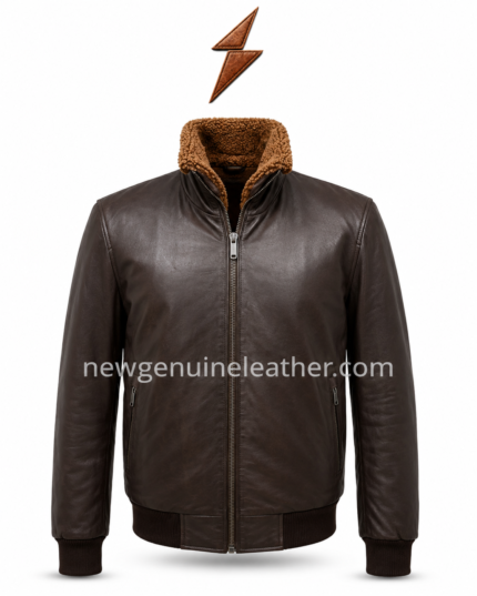 Brown sherpa jacket shown open with black inner lining, metal zipper hardware, tan collar, and rib